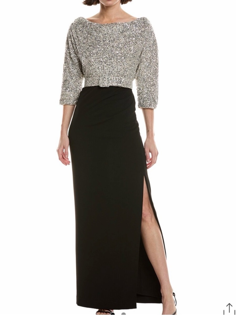 NWT Sz 0 BADGLEY MISCHKA Silver sequin cowl neck black crepe skirted gown.